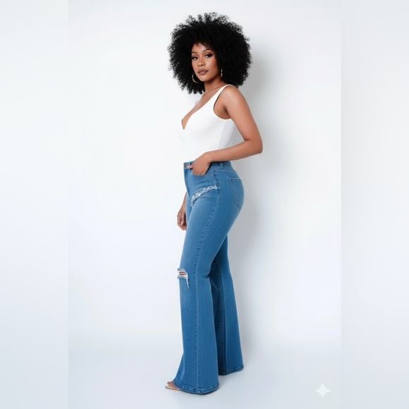 Women's Flared Jeans with High Waist Bottom Pants for Comfortable Denim Style - Picture 3 of 15